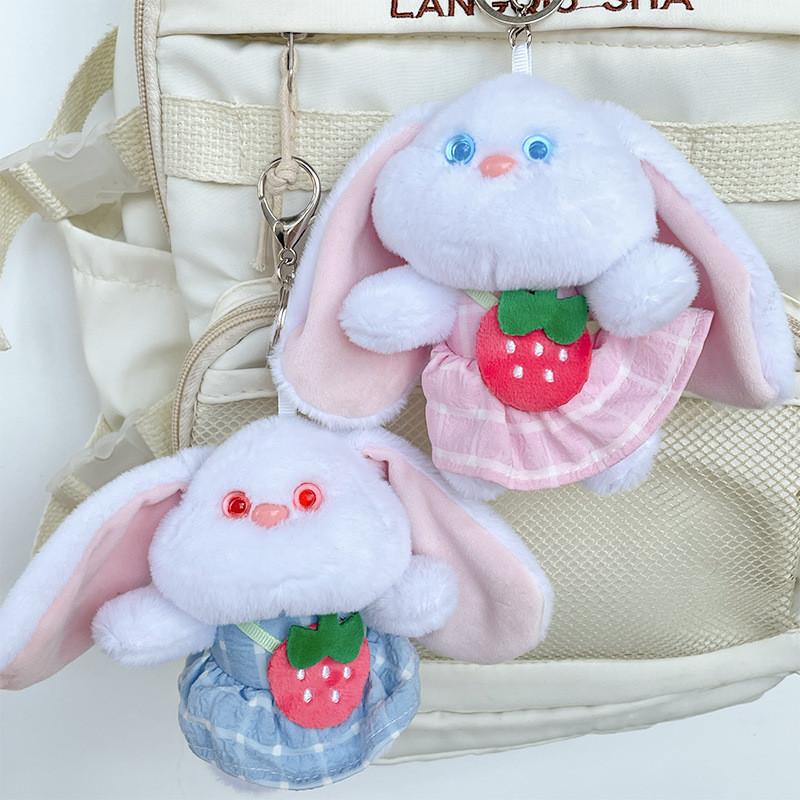 Adorable Long-eared Bunny Plush Doll Keychain With Cute Strawberry Dress 12cm