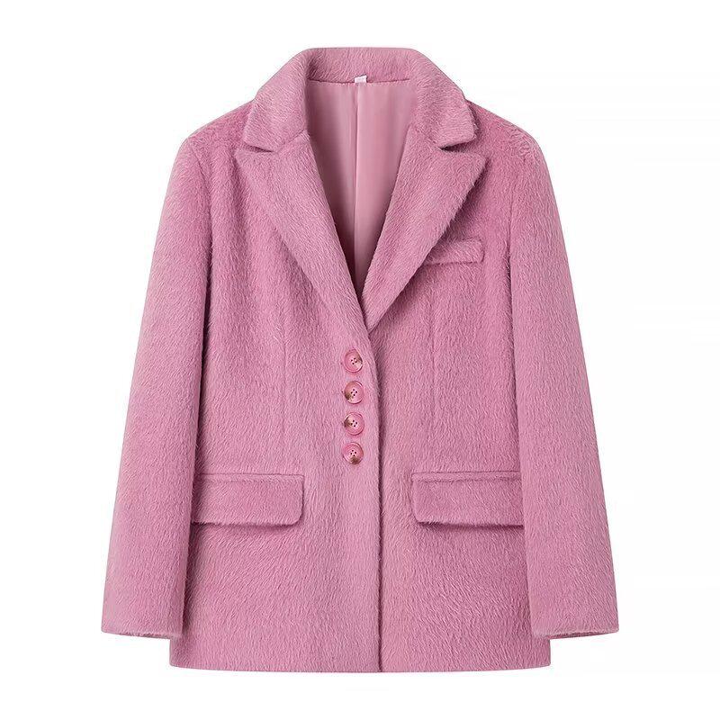 2024 Rose Pink Long-Haired Suit Jacket: European American Women's Street Fashion