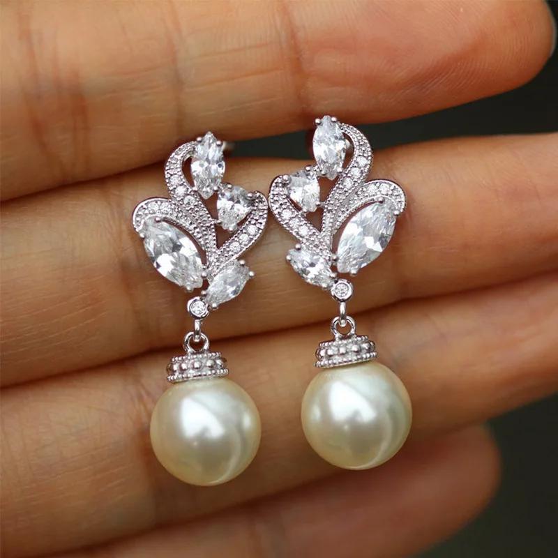 Temperament Imitation Baroque Pearl  Drop Earrings for Women Elegant Shiny Cubic Zirconia Wedding Delicate Jewelry Gifts