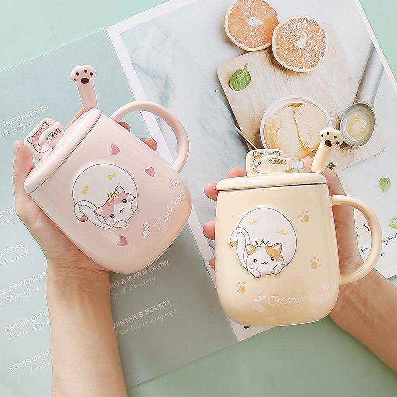 Cartoon Cat Ceramic Mug with Lid and Spoon - Trendy Office Coffee Cup