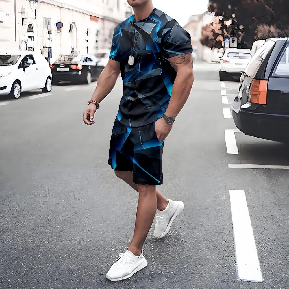 Plus Size Irregular Geometric T-shirt Shorts 2-piece Set Quick Drying Loose Men's Drawstring T Shirts Short Sleeve Tee Summer