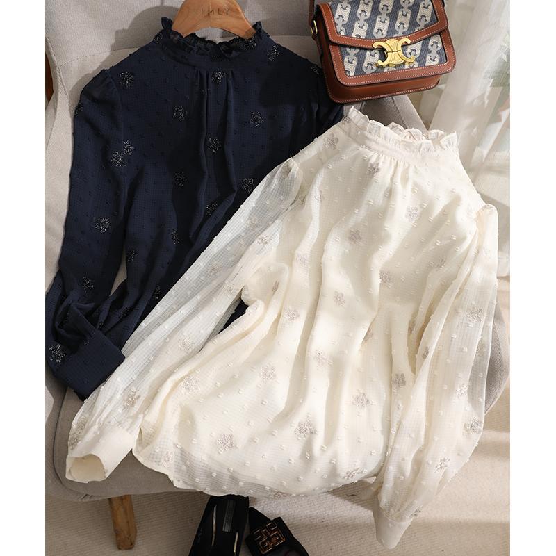Autumn Fashion Embroidered Solid Blouse Women New Classic Long Sleeve Auricular Collar Temperament All-match Lady Shirt Top