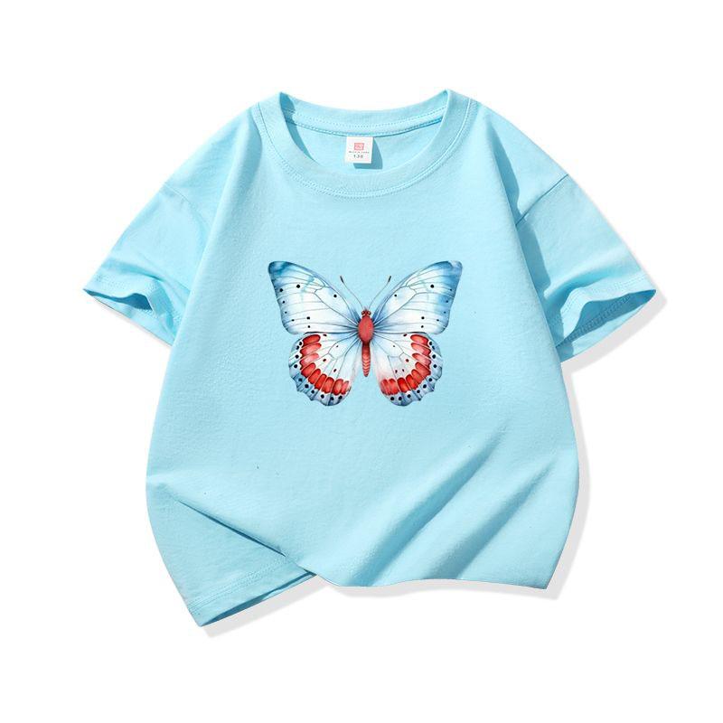 Kids Cotton T Shirt Light Blue And Red Butterfly Print Crew Neck Short Sleeve Tee Casual Boys Girls Summer Tops