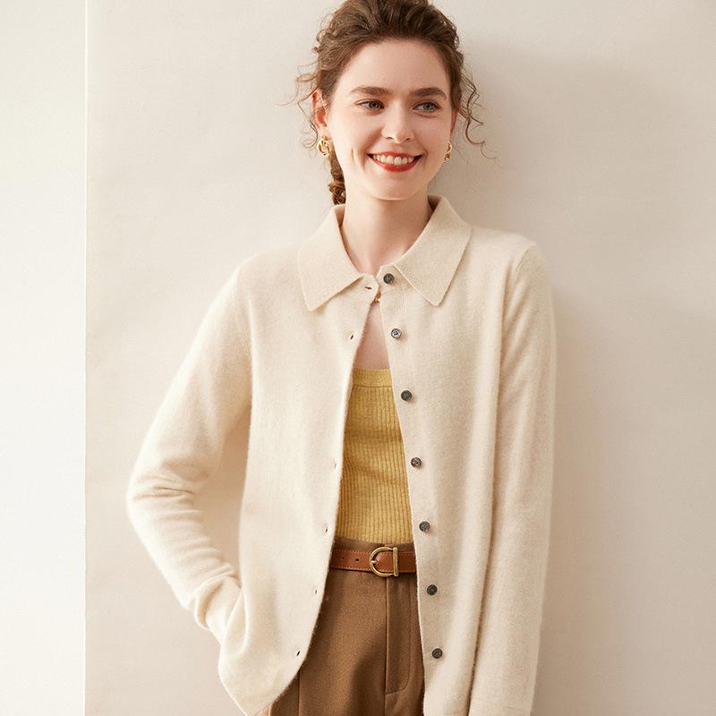 Women's Cashmere Polo Collar Knit Cardigan Sweater - Long Sleeve Lapel Knit Top