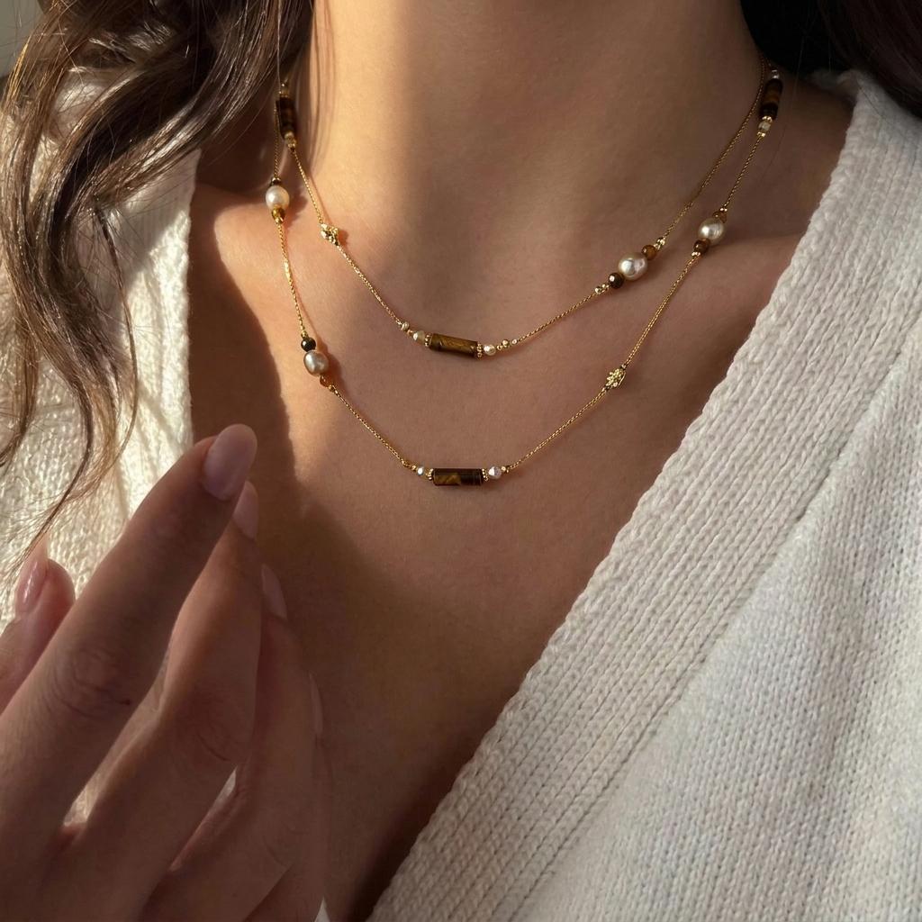 Boho Tiger Eye Stone Beaded Necklace For Women Sun Pendant Brown Natural Stone Beads Snake Bone Chain Choker Party Charm Jewelry