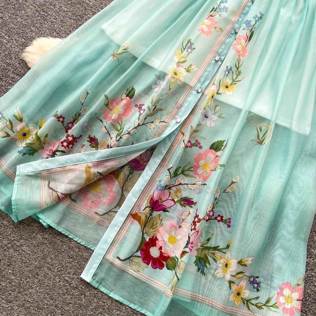 French heavy industry lapel print dress women's summer long-sleeved waist A-shaped skirt temperament gentle wind holiday dress