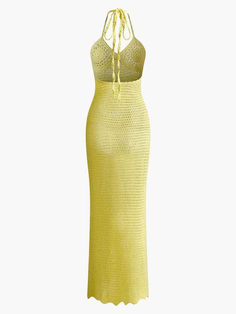 Damen Sexy Strick Cut-Out Kleid, V-Ausschnitt, Spaghettiträger, Bodycon, Urlaub, Y2k, Strick-Halter, Maxi, Sommer, K32