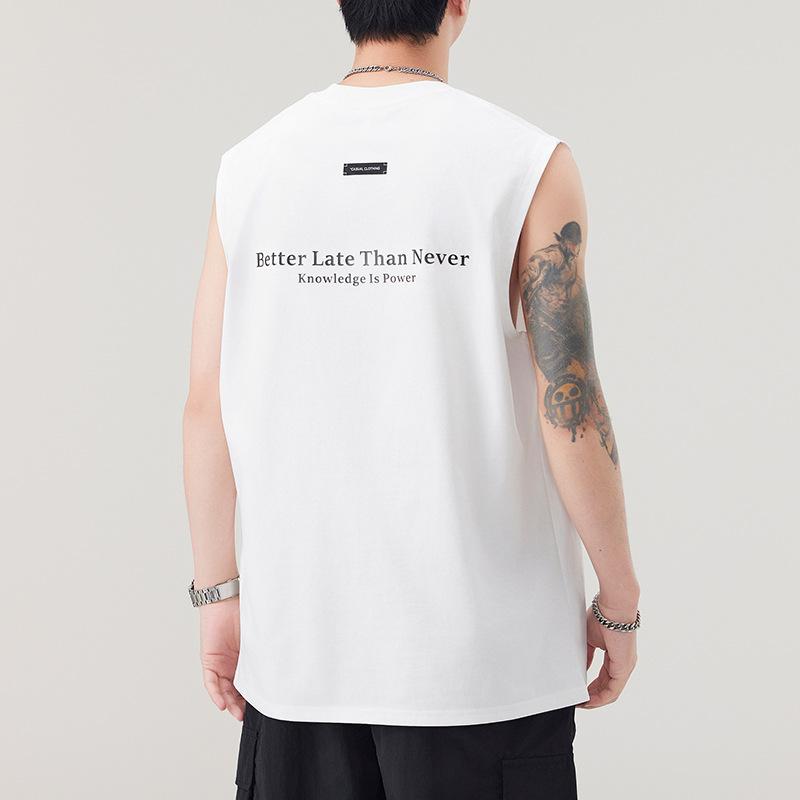 Latest Summer 210g Heavy Printed Vest Mens Comfortable Fit Craned Sleeveless T-shirt Japanese Classic Style