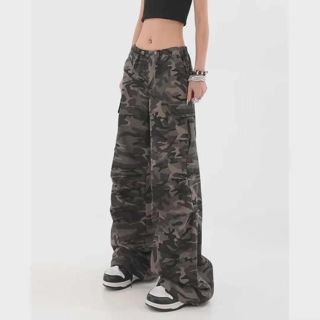 Women's 2024 Retro High-Waist Camouflage Wide-Leg Pants - Army Green, Casual Hip-Hop Style
