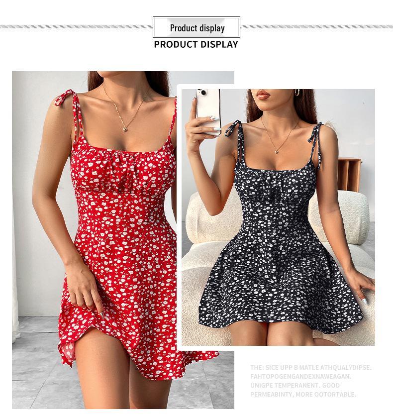 French Floral Gradient Spaghetti Strap Dress - Elastic Waist, Summer Vacation Style