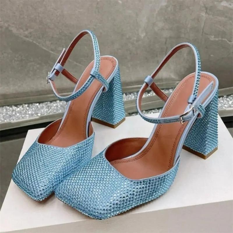 Fashion Minimalist Square Head Rhinestone Mary Jane Sandals 2024 Summer New Girls Candy Banquet Party Fashion High Heels Shoes size 43