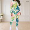 Women Plus Size Round Neck Long Sleeve Green Blue Printed Fitted Pants Two Piece Set