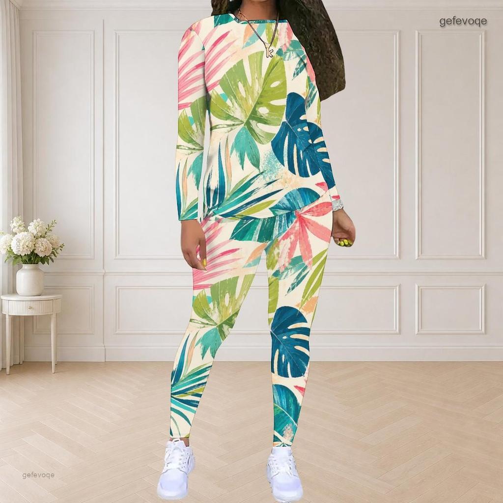 Women Plus Size Round Neck Long Sleeve Green Blue Printed Fitted Pants Two Piece Set
