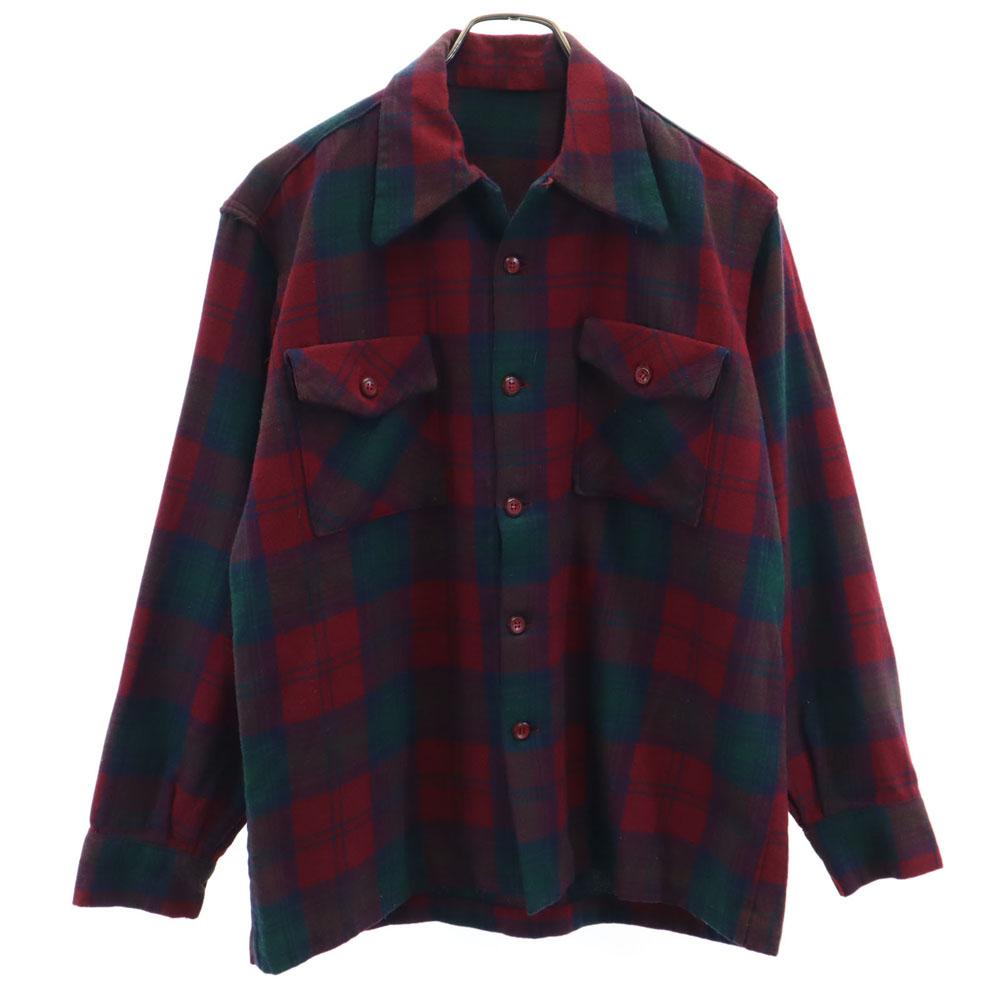 VINTAGE 50s 60s Open collar Check Pattern Long sleeve Open color Flannel shirt Men's Used
