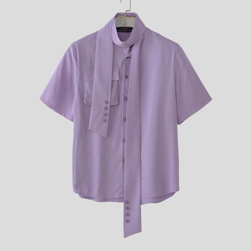 

INCERUN Oversized Men Tie Up Short Sleeve Buttons Casual Loose Summer Shirts L фиолетовый