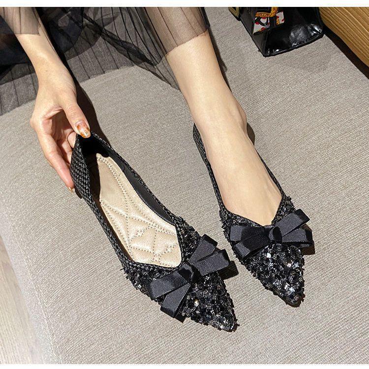 

Fashion Woman Flats with Bow Pointed Toe Shoes for Women Sexy Rhinestone Discount Spring Young Vacation Slip on Comfortable and Elegant 35