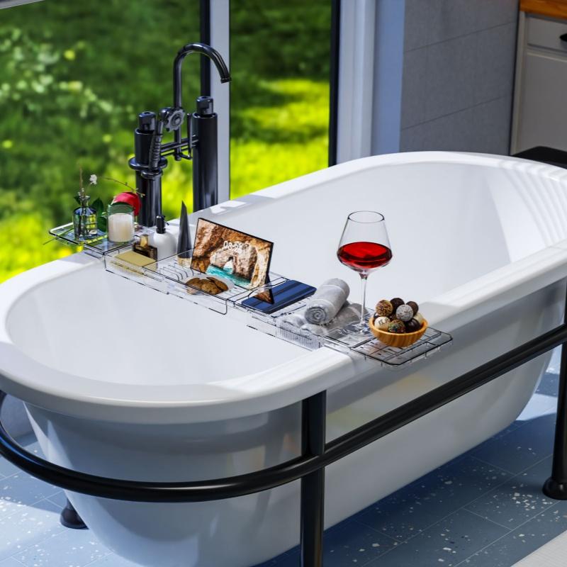 Bathtub Tray Acrylic Shelf Retractable Storage Rack Wine Tablet Book Half Bath Tray Bathroom Organization Bathtub Accessories
