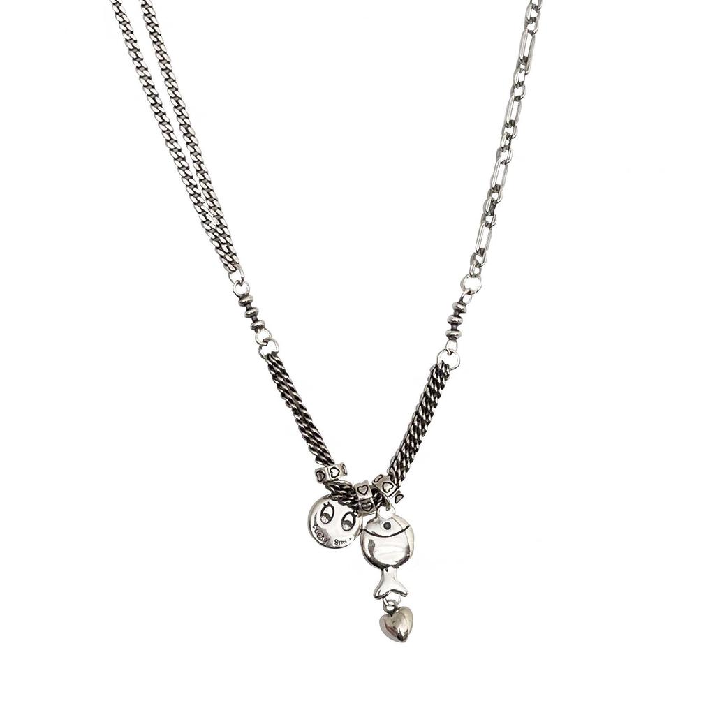 S925 Sterling Silver Heavy Industry Smiley Face Necklace Women's 2022 Retro Thai Silver Clavicle Chain