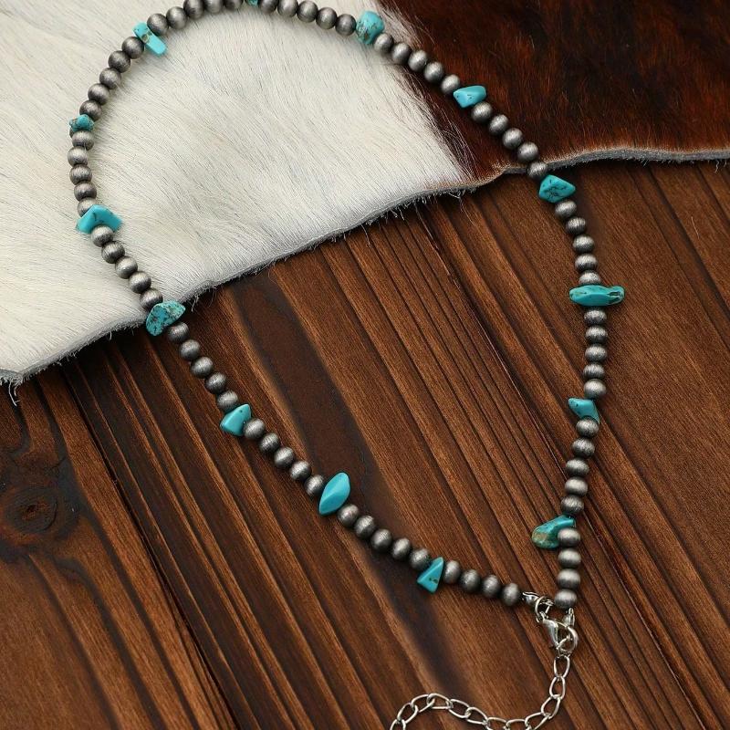 1 Pc Western Style Cowboy Vintage Turquoise & Navajo Faux Pearl Beaded Necklace Suitable for Women's Everyday Wear