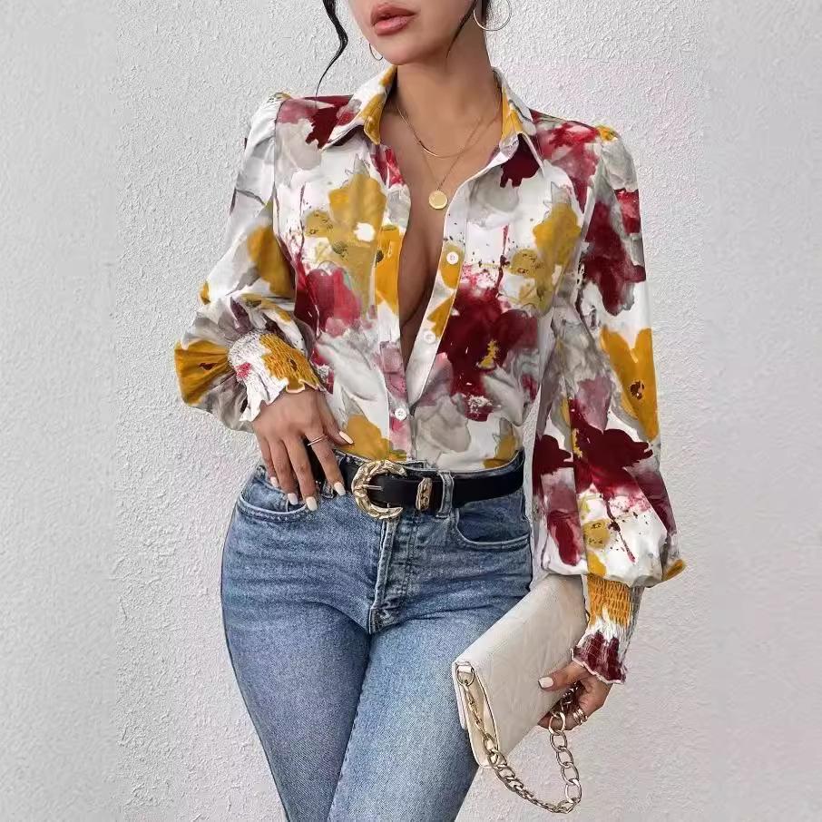 European and American women's clothing new tops, lapel bubble long-sleeved loose printed shirt