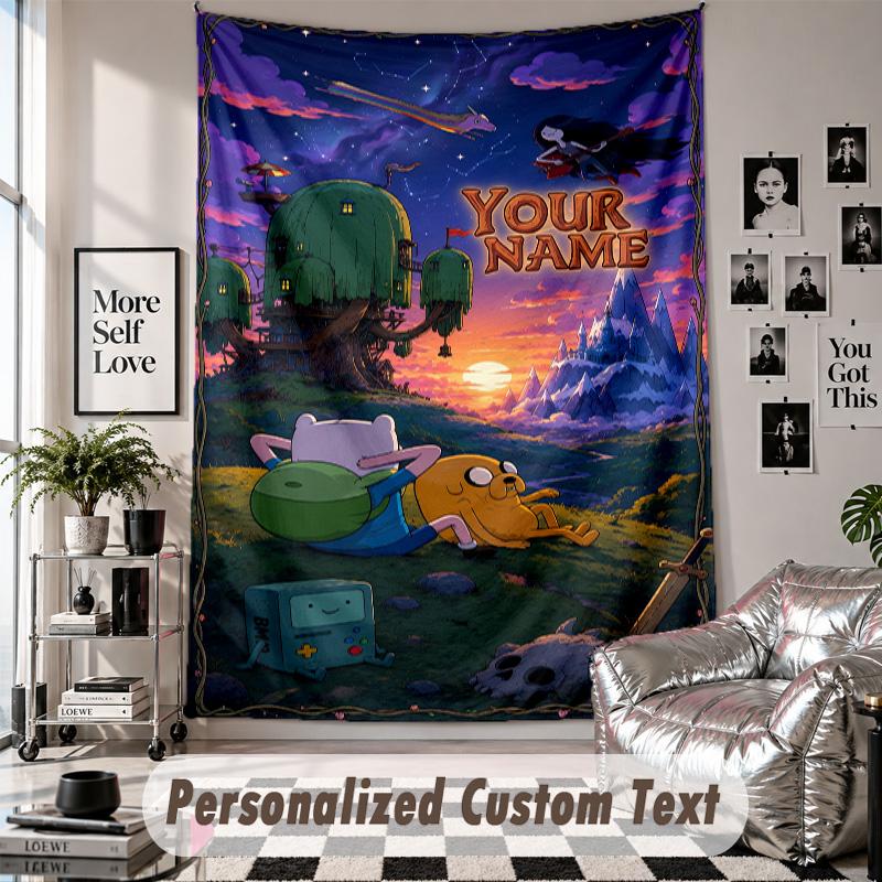 Wall Hanging Tapestry With Custom Name & Text, Adventure Time cartoon Decorative Tapestry For Bedroom