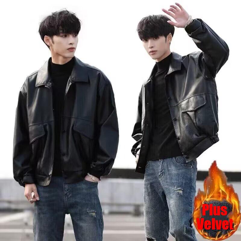 Trendige lockere Leder Herren Plus Samt Motorradbekleidung Junger Student Pilot Lederjacke Herbst- und Winterjacke Trendige Jacken