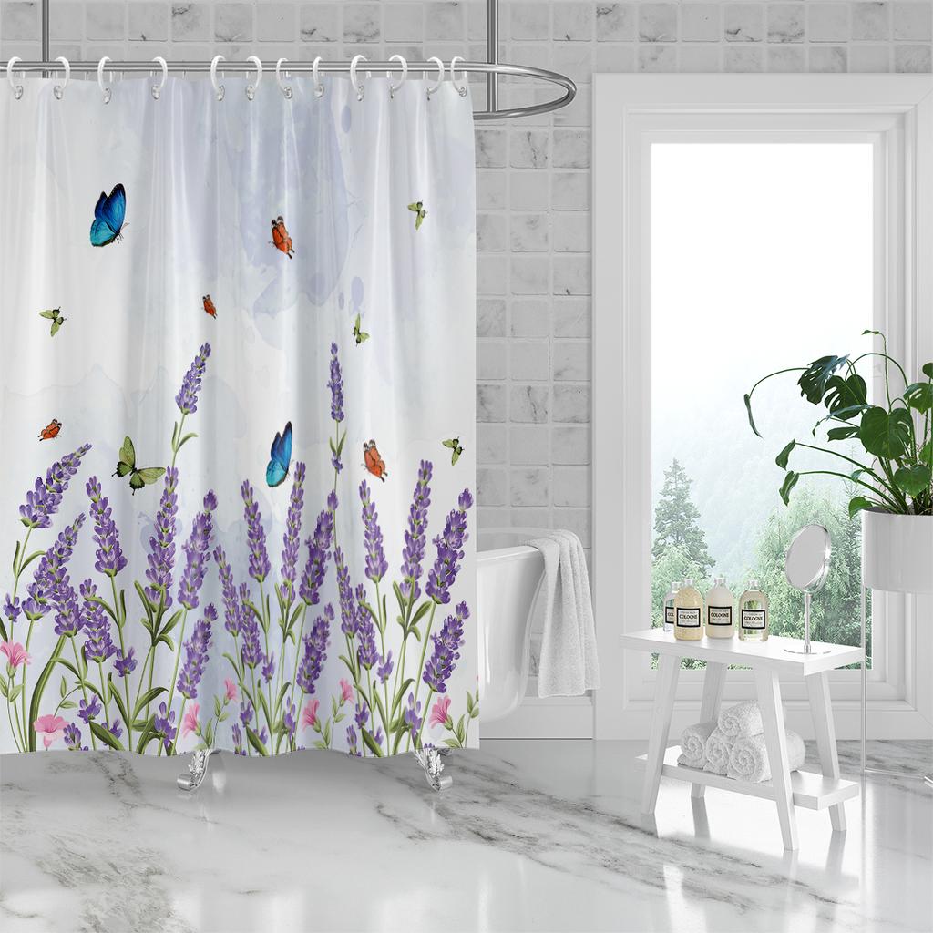 1 Piece 180X180Cm Natural Floral Purple Lavender Pattern Printed Shower Curtain Partition Bathroom Waterproof And Mildew Proof