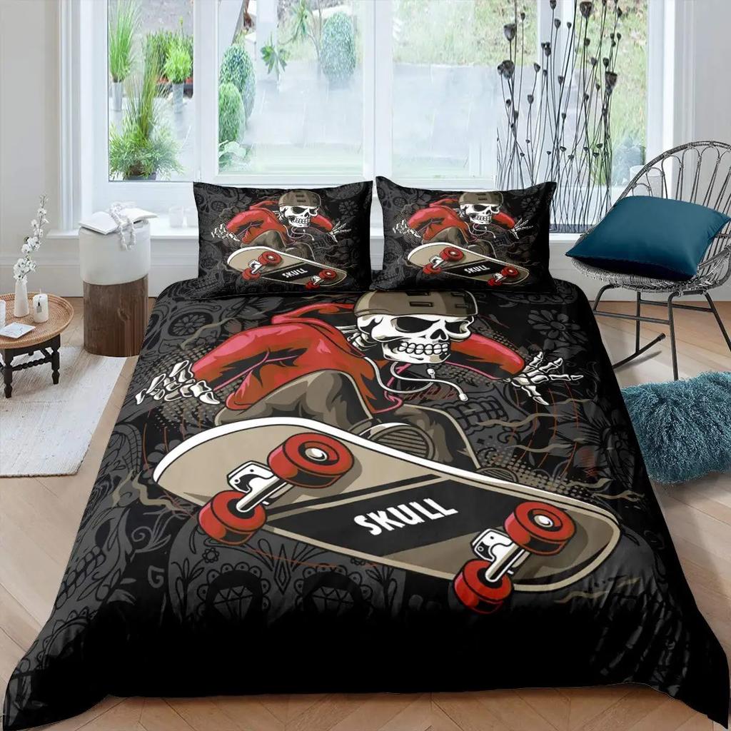 Sugar Skull King Queen Duvet Cover Vintage Skeleton Girl Gothic Day of The Dead Bedding Set Halloween Rose Polyester Quilt Cover