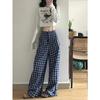 Women's Retro Blue Check Wide Leg Pants - High Waist, Casual, Floor-Length for Spring/Autumn