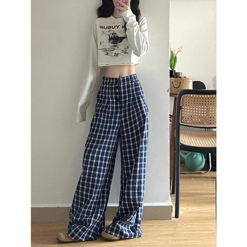 Women's Retro Blue Check Wide Leg Pants - High Waist, Casual, Floor-Length for Spring/Autumn