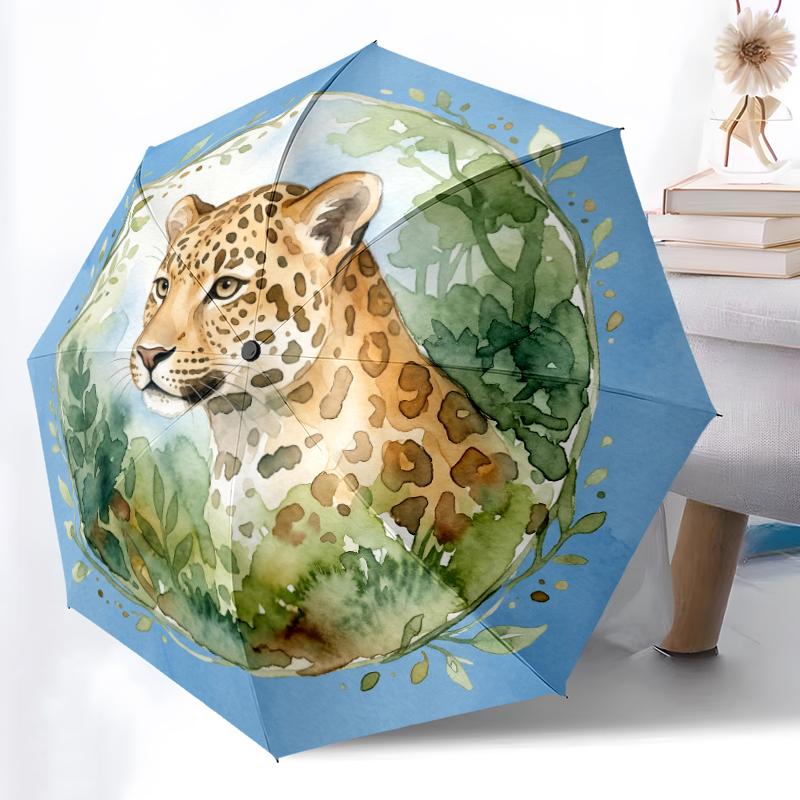 

1pc Sturdy 8-Bone Auto Umbrella, Golden Vintage Leopard Umbrella, Digital Printed, Foldable Umbrella for On-the-Go Outdoor Use