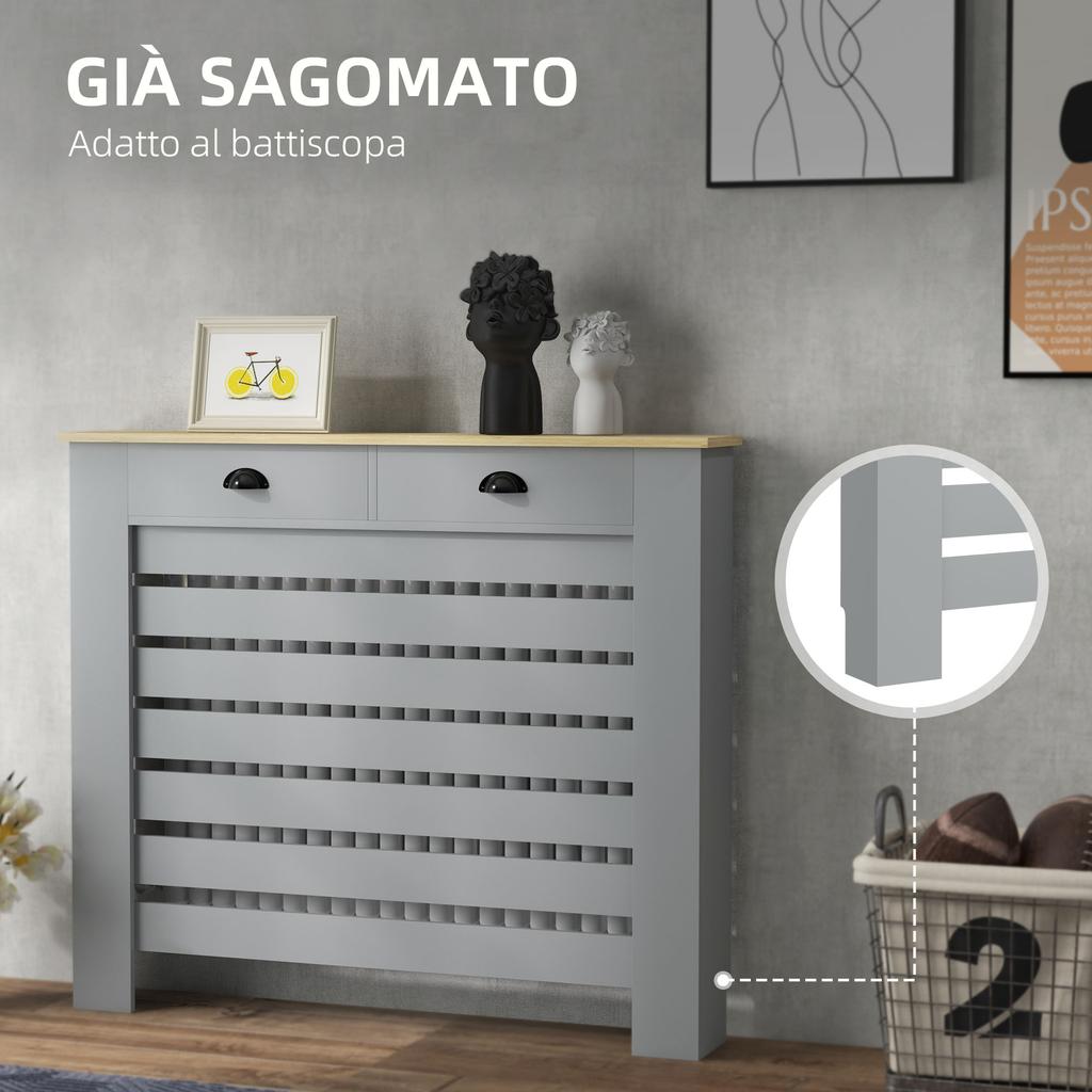 Slatted MDF Radiator Cover, Grille Radiator Cover with 2 Drawers, 111x19x95.5 cm, Grey