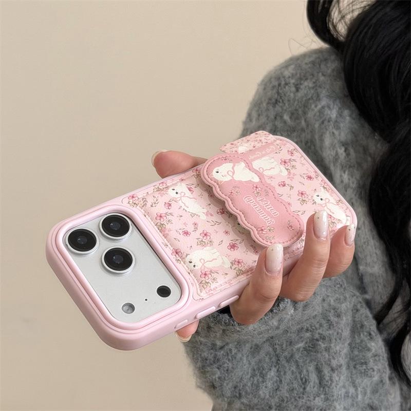 Pink Flower Cat Stand Case for iPhone 17/16 Pro Max/15/14