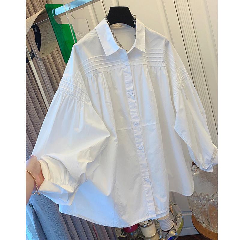 2026 Spring/Autumn Chic Pleated Loose Lantern Sleeve Slimming Top for Women 3XL белый