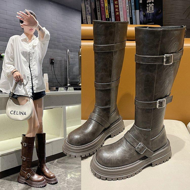 Black Retro British Style Thick Heel Platform Boots Women's 2025 Autumn and Winter New Boots Tall and Thin Knight Boots