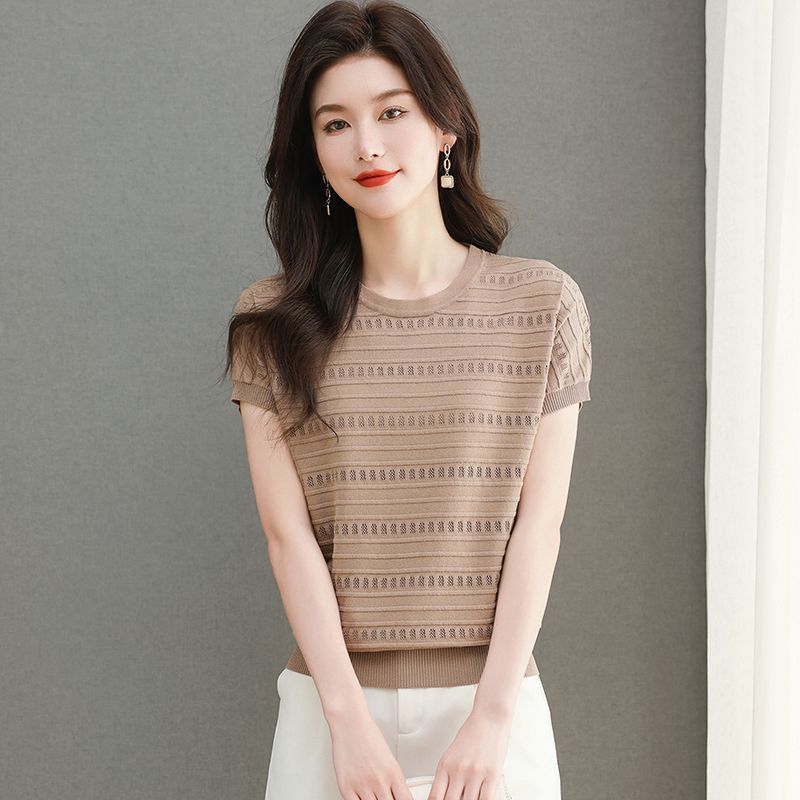 

Жіноча трикотажна футболка з крижаного шовку, вільна, з круглим вирізом, темпераментна, з ажурним візерунком, маленька футболка-топ 3XL хакі