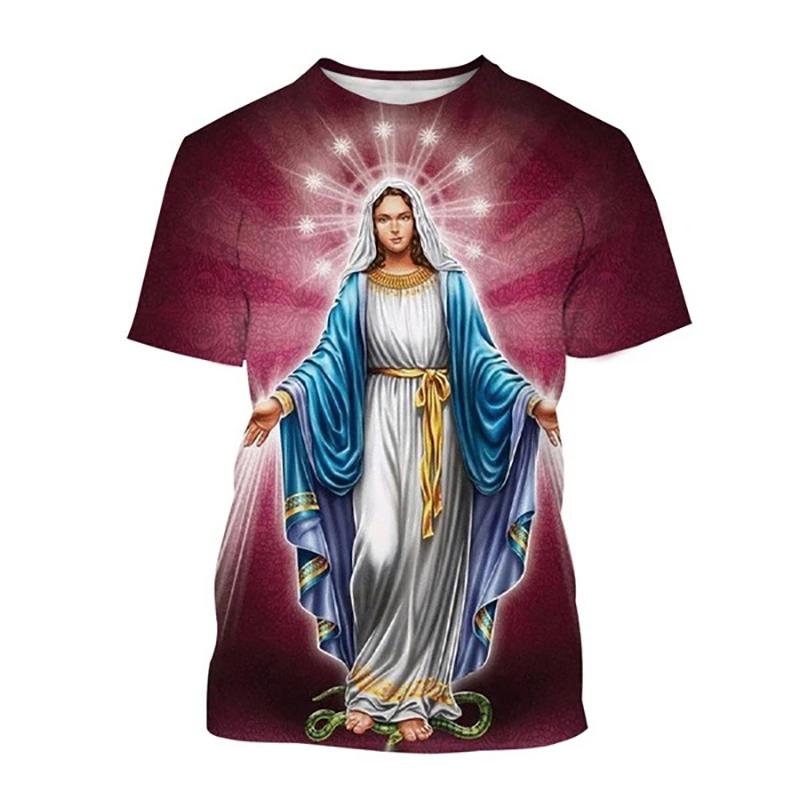 Camiseta 2025 Nuevo Verano Virgen María Estampado 3D Hombres Mujeres Cuello Redondo Manga Corta Camisetas Ropa Urbana Harajuku Camisetas Tops para Niños