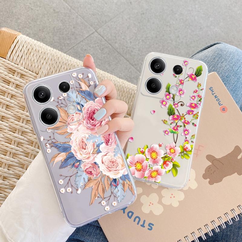 Fashion Flower Soft Clear Silicone Case For Xiaomi Redmi Note 13 14T 15 Samsung A55 A35 S24 FE iPhone Huawei Honor Camera Protective Shockproof Cover