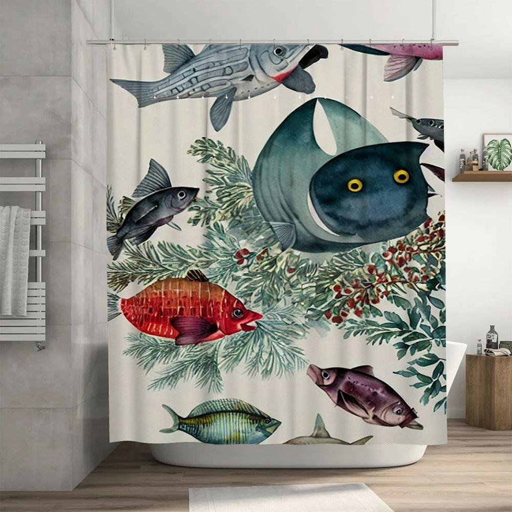 Unterwasserwelt Fisch Duschvorhang Grünes Blatt Rote Blume Design Für Badezimmerdekorationen Wasserdichtes Gewebe Mit Haken