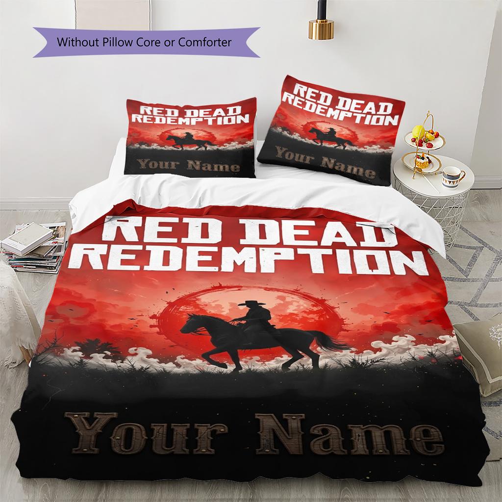 Name Custom RDR2 Game Pattern Bedding Set Quilt Cover Pillowcase Home Decor Gift (1 * duvet cover + 2 * pillowcase, without core)