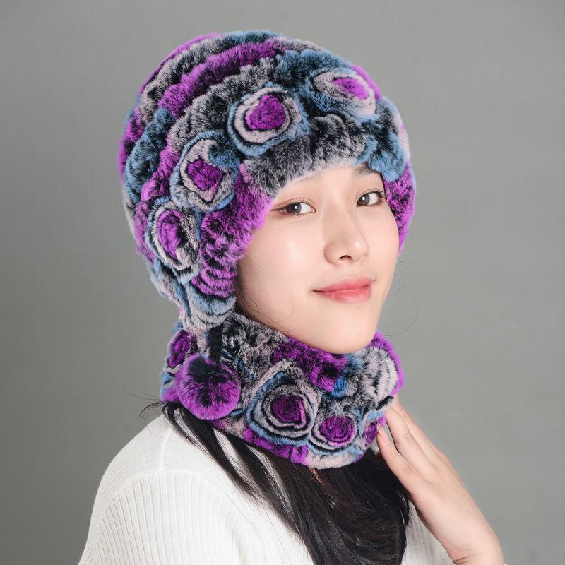 

Меховая шапка из кролика рекс, женская модная шапка с цветочным принтом, защита ушей, женская меховая шапка для мамы, утолщенный теплый шарф One size