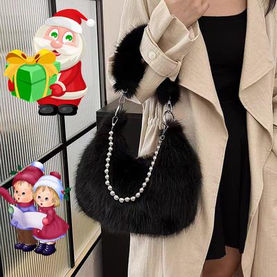 Luxuriöse Kunstpelz-Tragetasche Schicke Achsel-Schultertasche Stilvolle Handtasche & Geldbörse mit Perlen-Kettenriemen, Polyester-gefüttertes Inneres