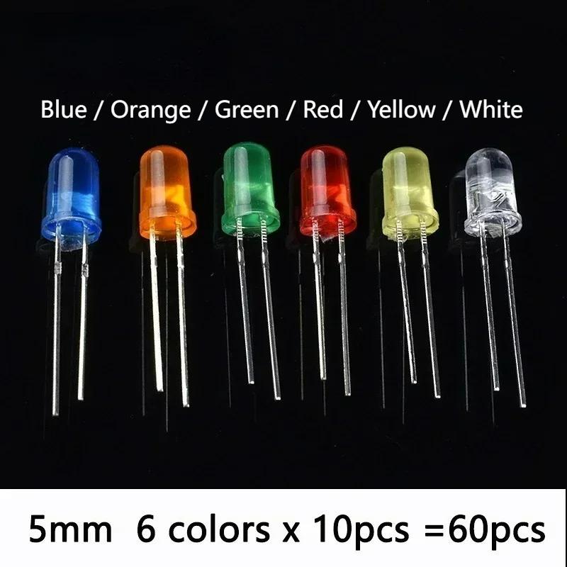 60/100pcs 5mm LED Kit DIY F5 Light Emitting LED Diode White Green Red Blue Yellow Orange for Arduino