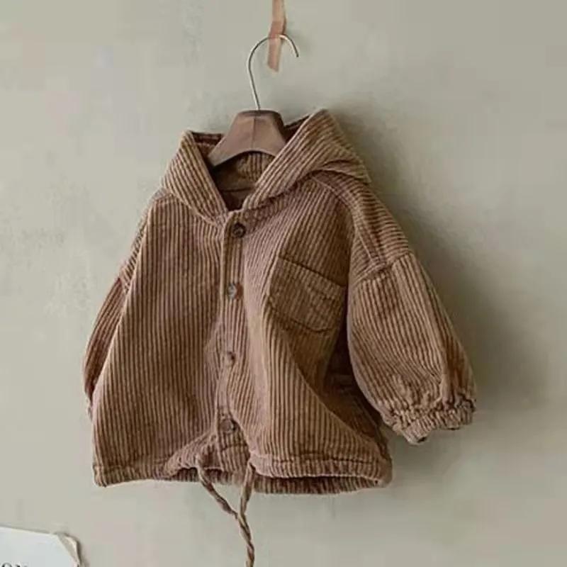 

Children s Spring Simple Hooded Jacket Autumn Solid Color Casual Corduroy Jacket 73