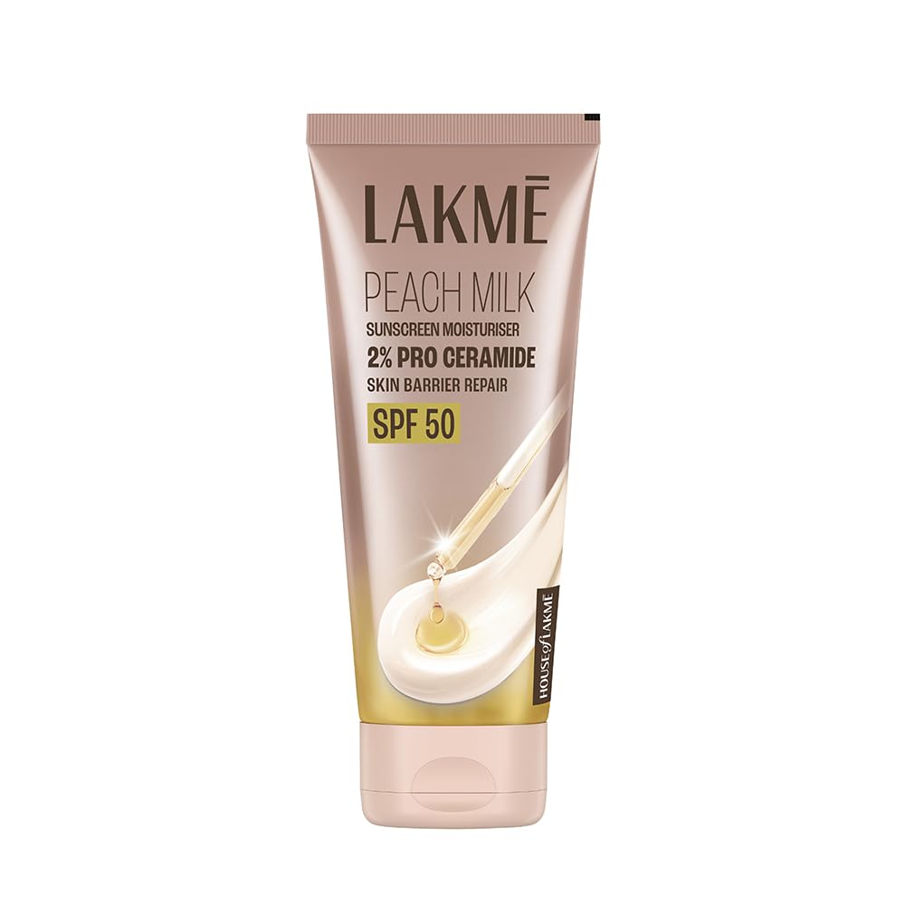 Lakme Peach Milk Sunscreen Moisturiser SPF 50 PA+++ with 2% Pro-Ceramides & Peptides | 2-in-1 Daily Face Cream | Lightweight, Non-Greasy & Sweat-Re