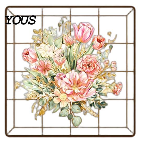 Waterproof Wall Stickers 3 Sheets Spring Flower Sticker, Square Grid Floral Plants Decoration, Peel Stick Art Removable Decal for Home Office
