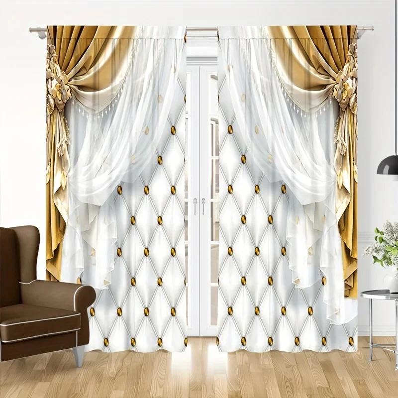 2pcs Golden Peacock Printed Polyester Fiber Chinese Style Curtains, Suitable For Bedroom Office Kitchen Living Room Study Hoom