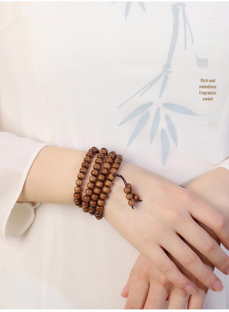 Men's Sandalwood Bracelet - Wenwan Buddhist 108 Barrel Beads Rosary with Milky Fragrance, Retro Design, Sink-Grade Quality.
