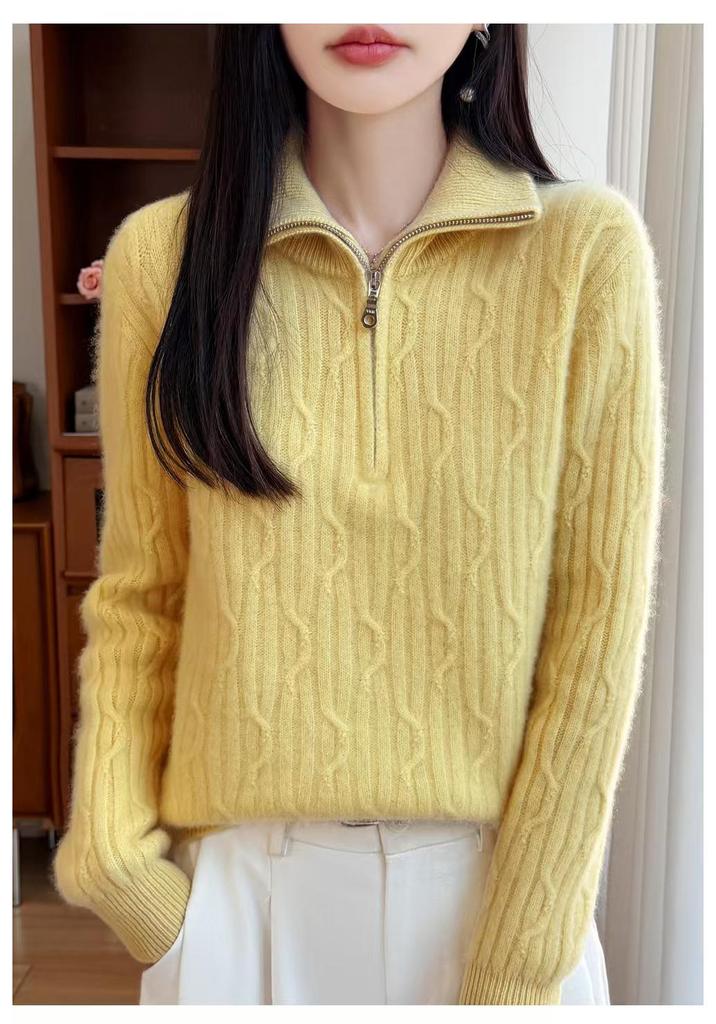 Women's Wool Half-Zip Lapel Sweater - Thick Knit Base Layer for Autumn & Winter