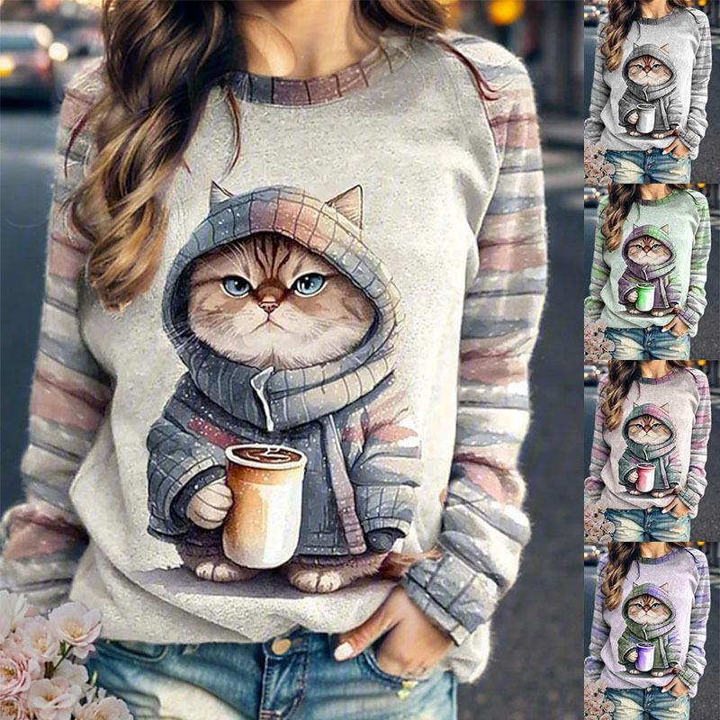Women's Round Neck Hoodie with Cat Shoulder Insertion Autumn Winter Cashmere Women's Clothing Hoodie
